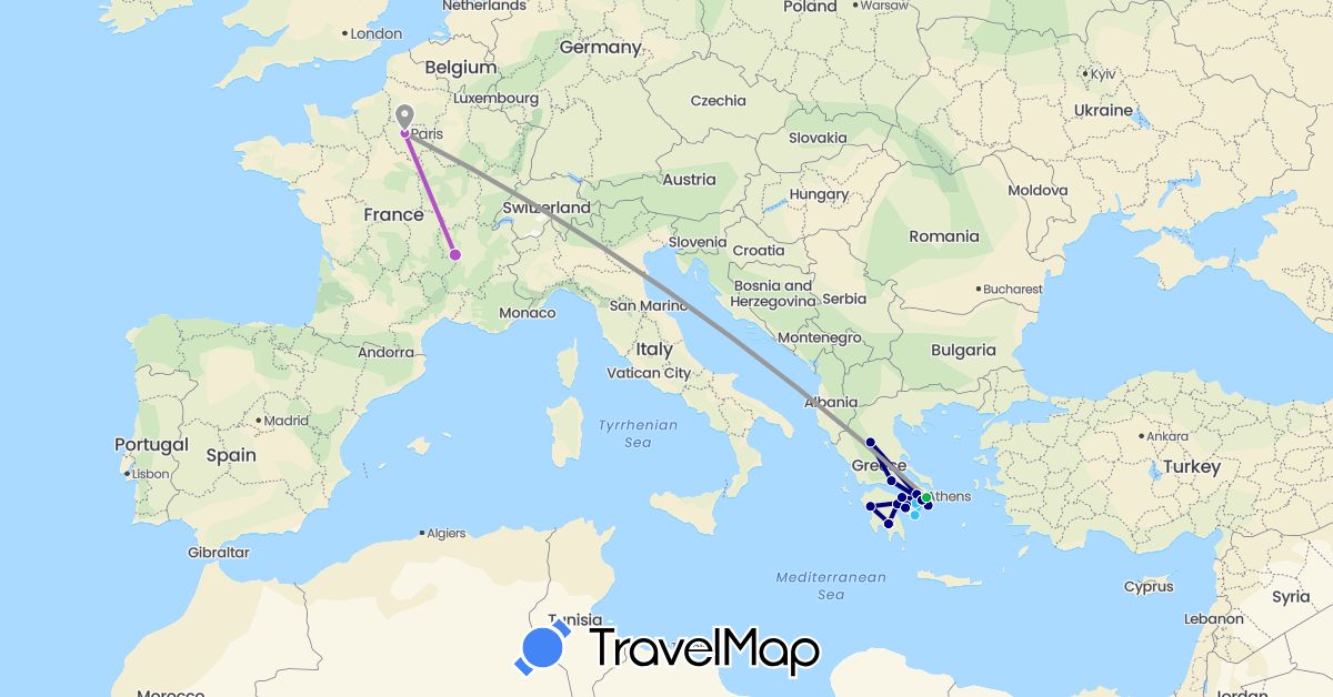 TravelMap itinerary: driving, bus, plane, train, hiking, boat in France, Greece (Europe)